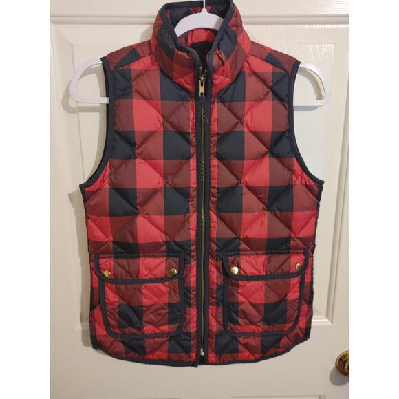 J Crew Puffer Vest Quilted Black Red Buffalo Check Zip Up XS - Picture 2 of 5